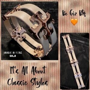 🆕 Tory Burch Authentic Serif T Stacked Leather Sand Rose Gold Wrap Bracelet